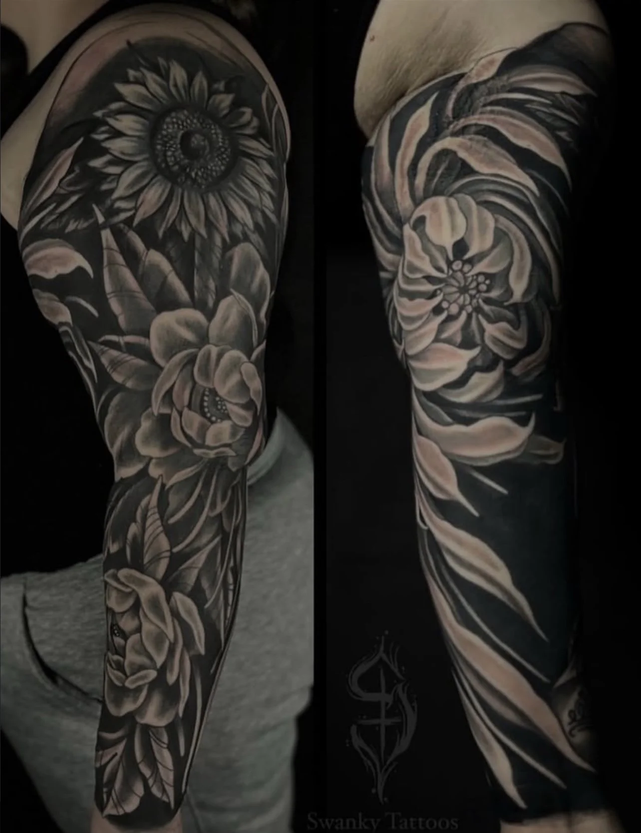 Black and gray floral sleeve tattoos featuring a sunflower and roses on a person's arm.