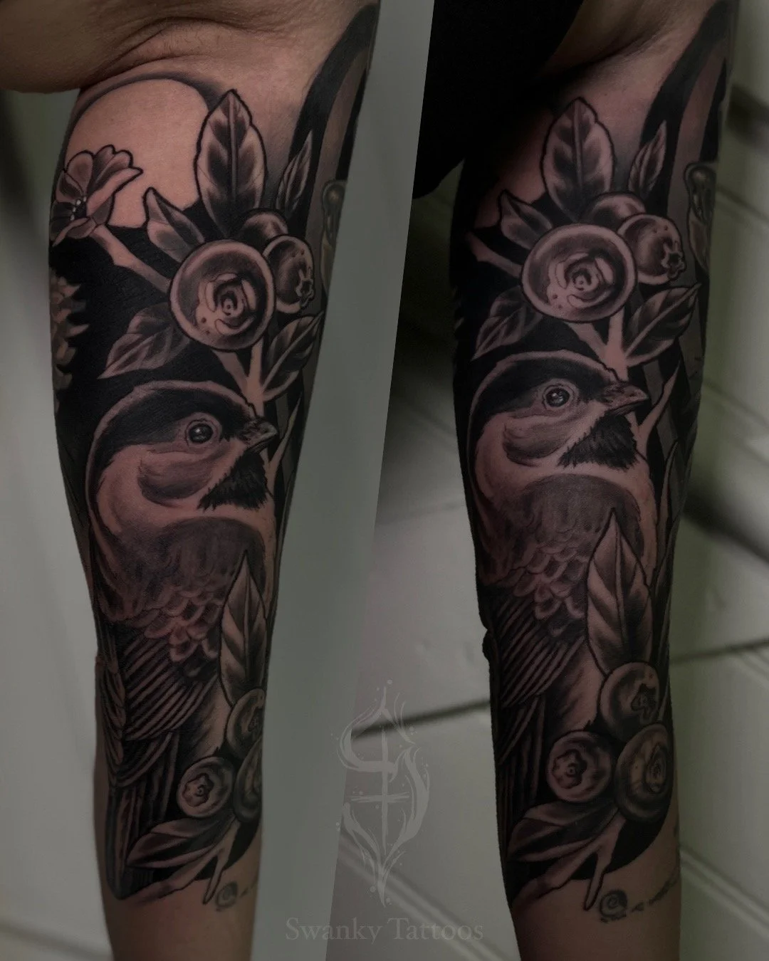 Black and gray tattoo sleeve featuring a bird, berries, and leaves.