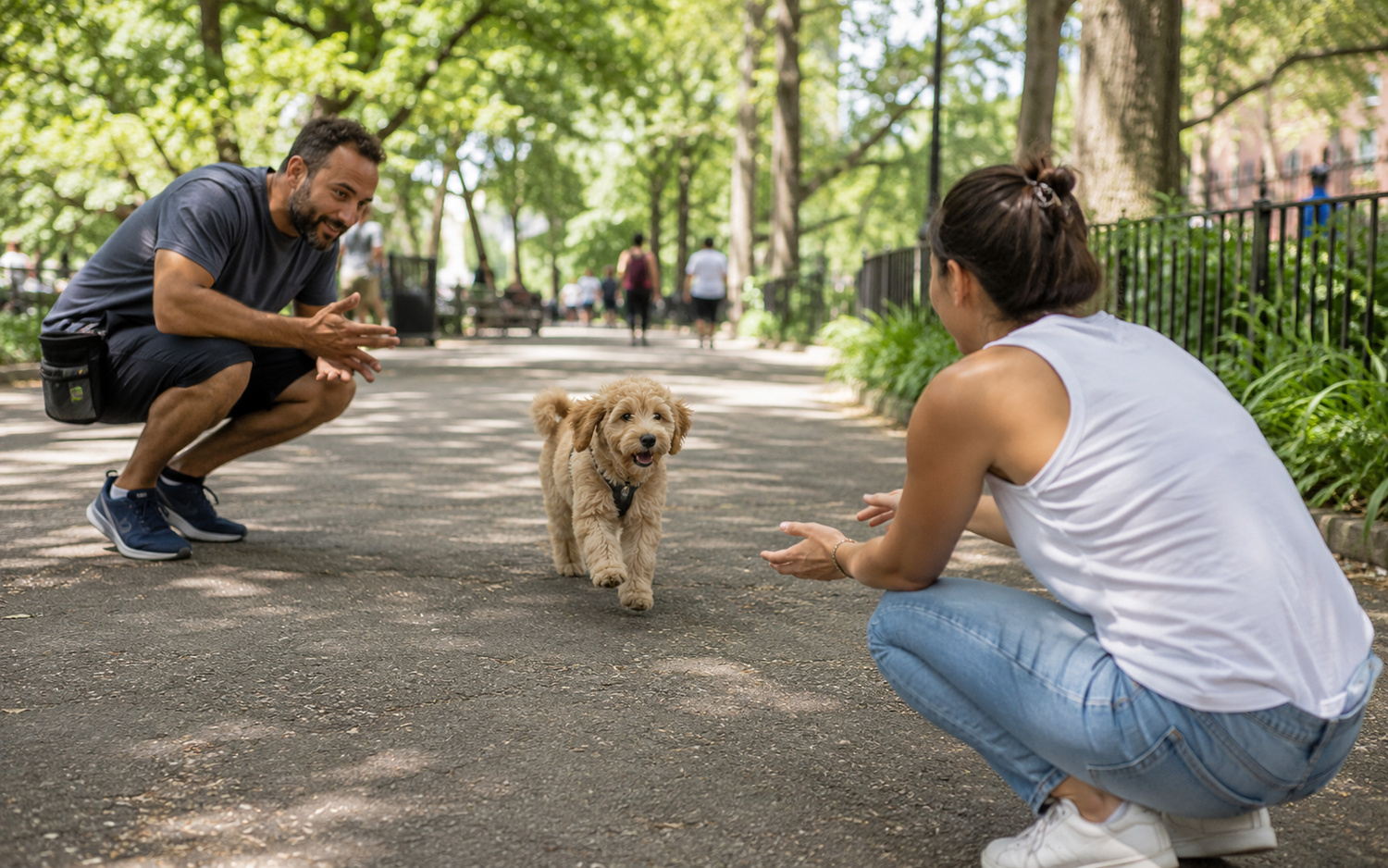 Puppy at play in a New York City park during a training break