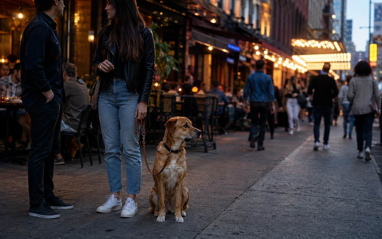 A calm dog on a loose leash on Hell's Kitchen's Restaurant Row past bustling restaurants at dusk in Manhattan