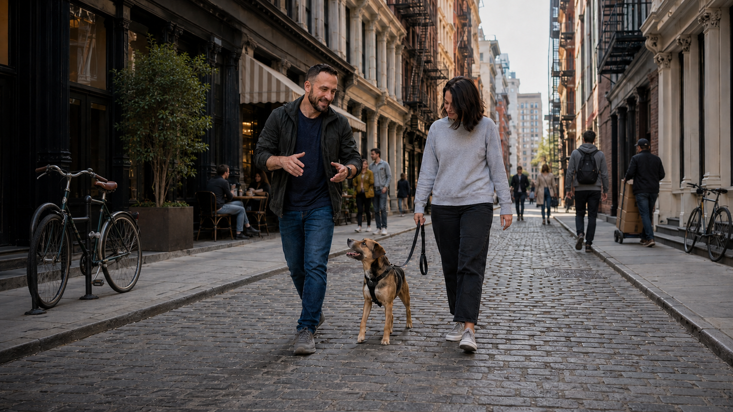 Pepe Hernandez working with a client and their dog during a training session on a SoHo street in Manhattan