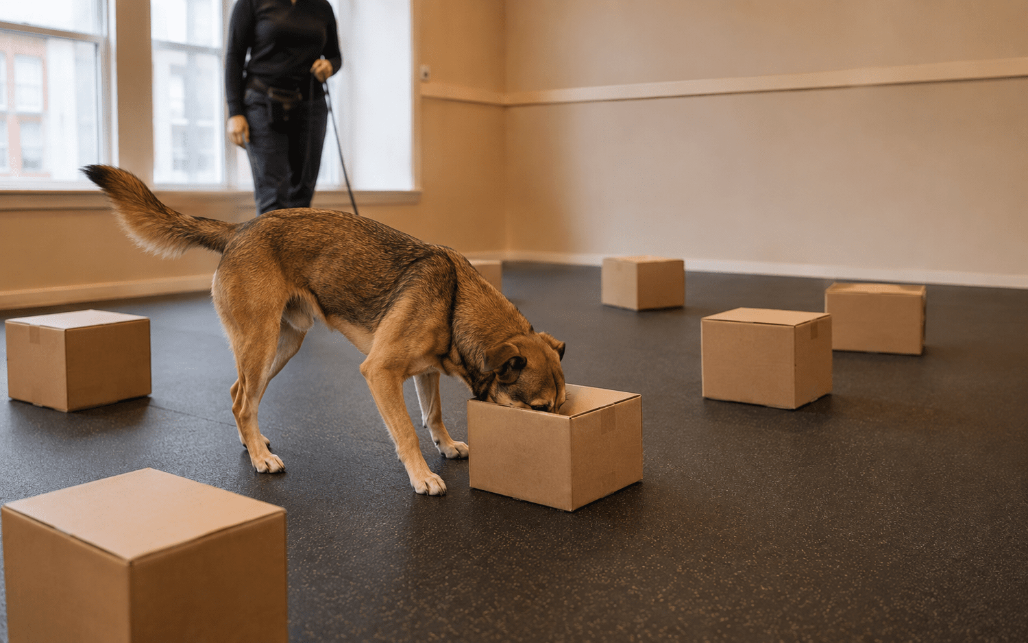 A dog nose-searching a row of cardboard scent boxes during an indoor nose work class in NYC