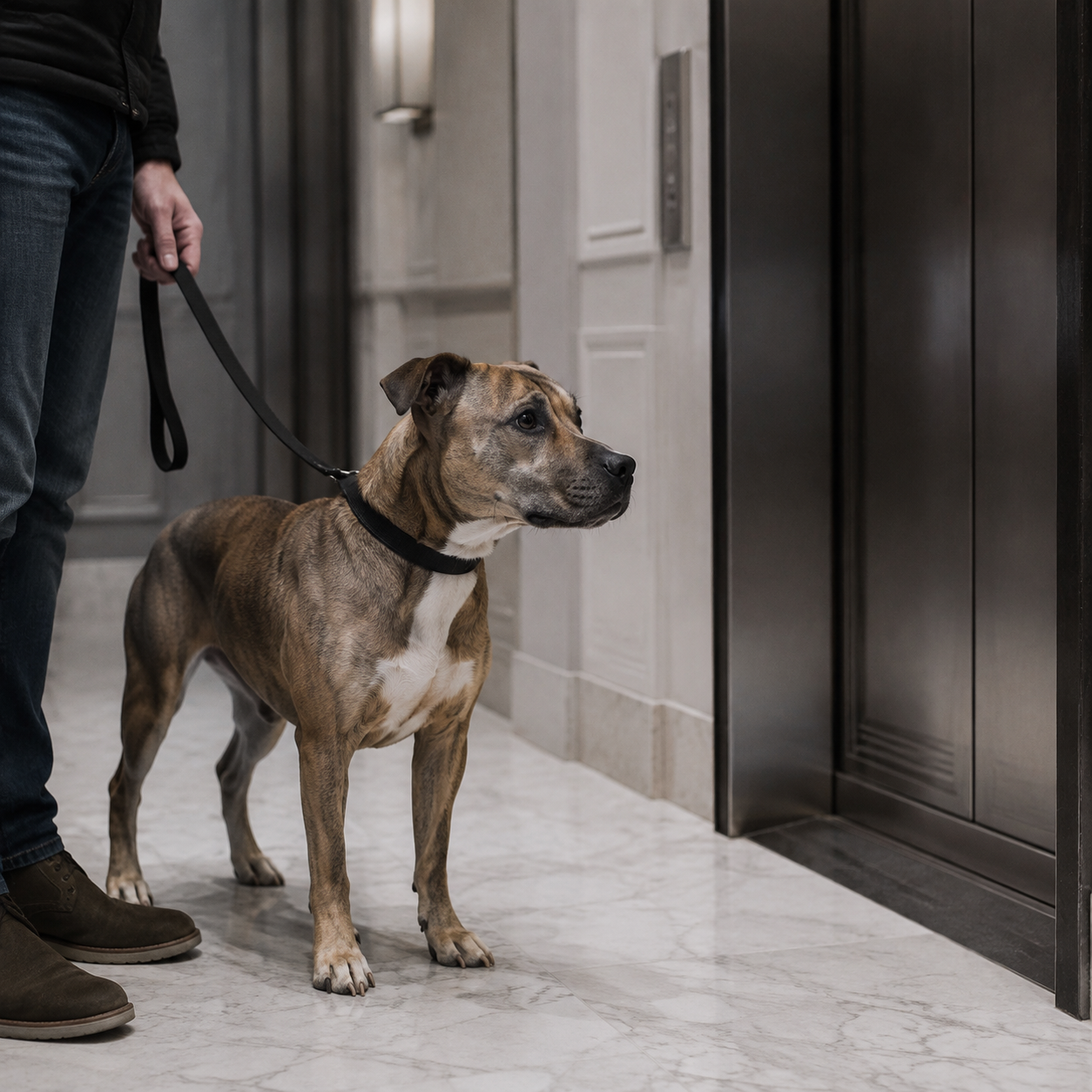 A leashed dog standing alert by the elevator in an upscale NYC apartment lobby during aggressive dog training
