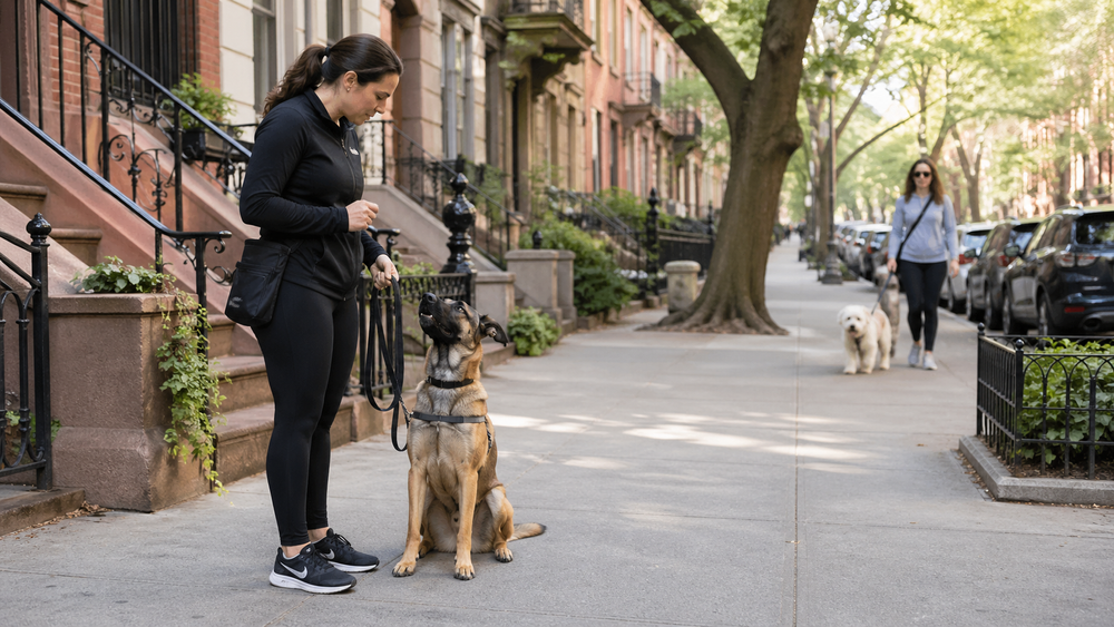 Reactive dog working through training on an NYC sidewalk with PJH Dog Training
