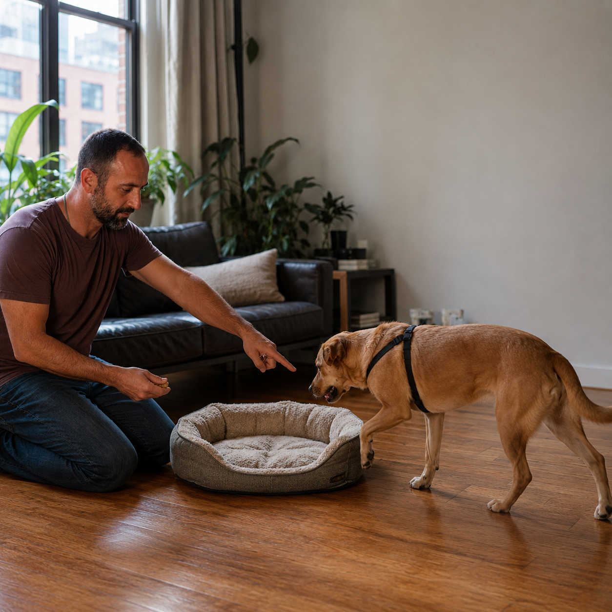 Pepe Hernandez teaching a dog a go-to-place cue during an in-home behavior session in a NYC apartment