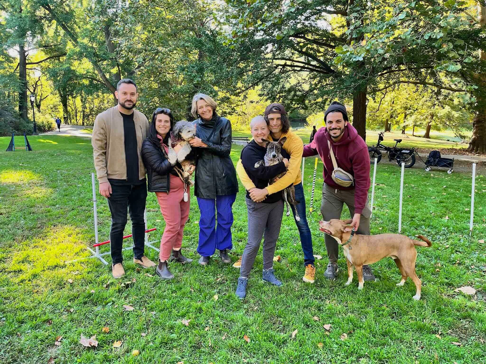 Group adolescent dog obedience training class in NYC with professional trainers helping teenage dogs learn leash manners.