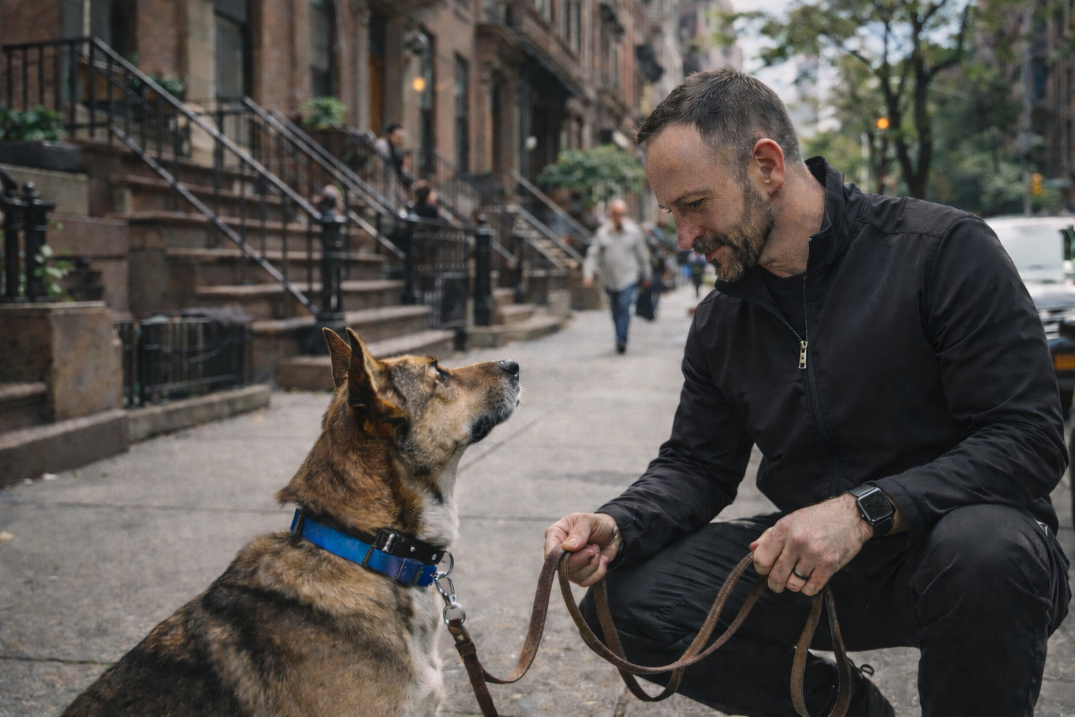 PJH Dog Training — reactive dog trainer with client dog on Upper West Side Manhattan street