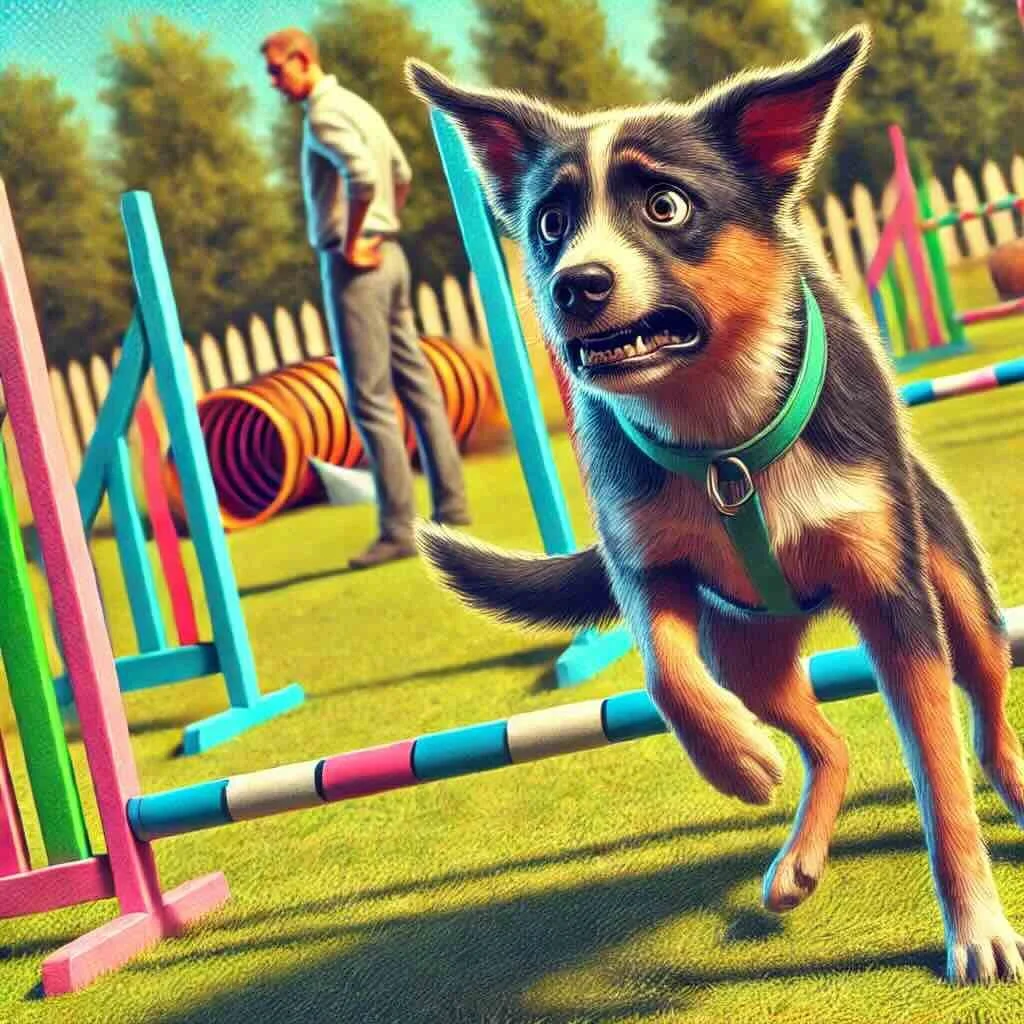 Overloaded dog on an agility course; visual reminder to progress slowly and build confidence.