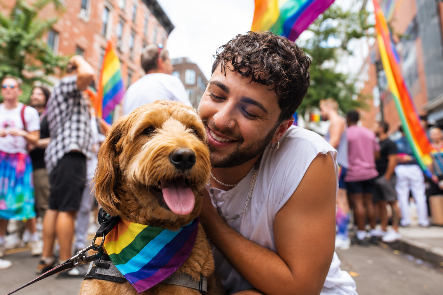 A couple sharing a cheerful hug with their dog at a Chelsea Pride parade