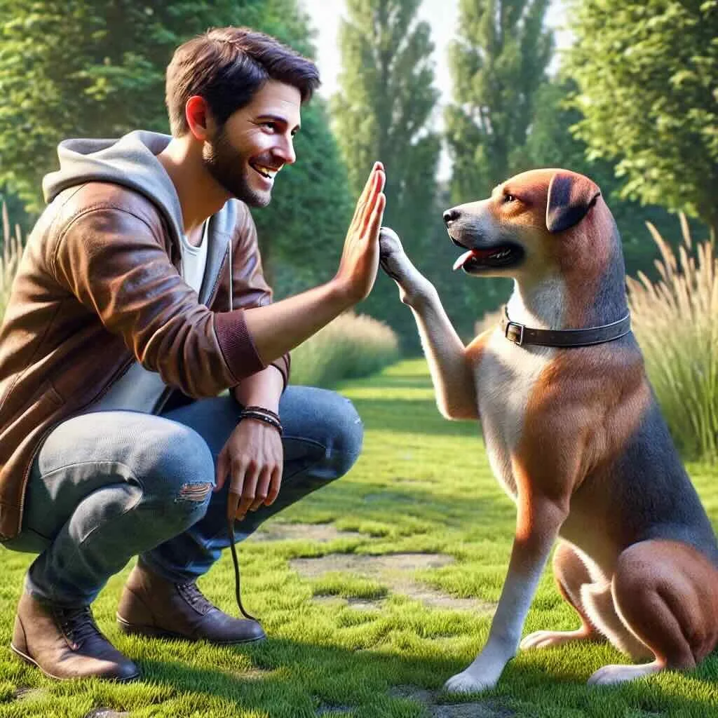 Handler teaching a dog to offer a paw on cue, illustrating clarity of signals used in agility.