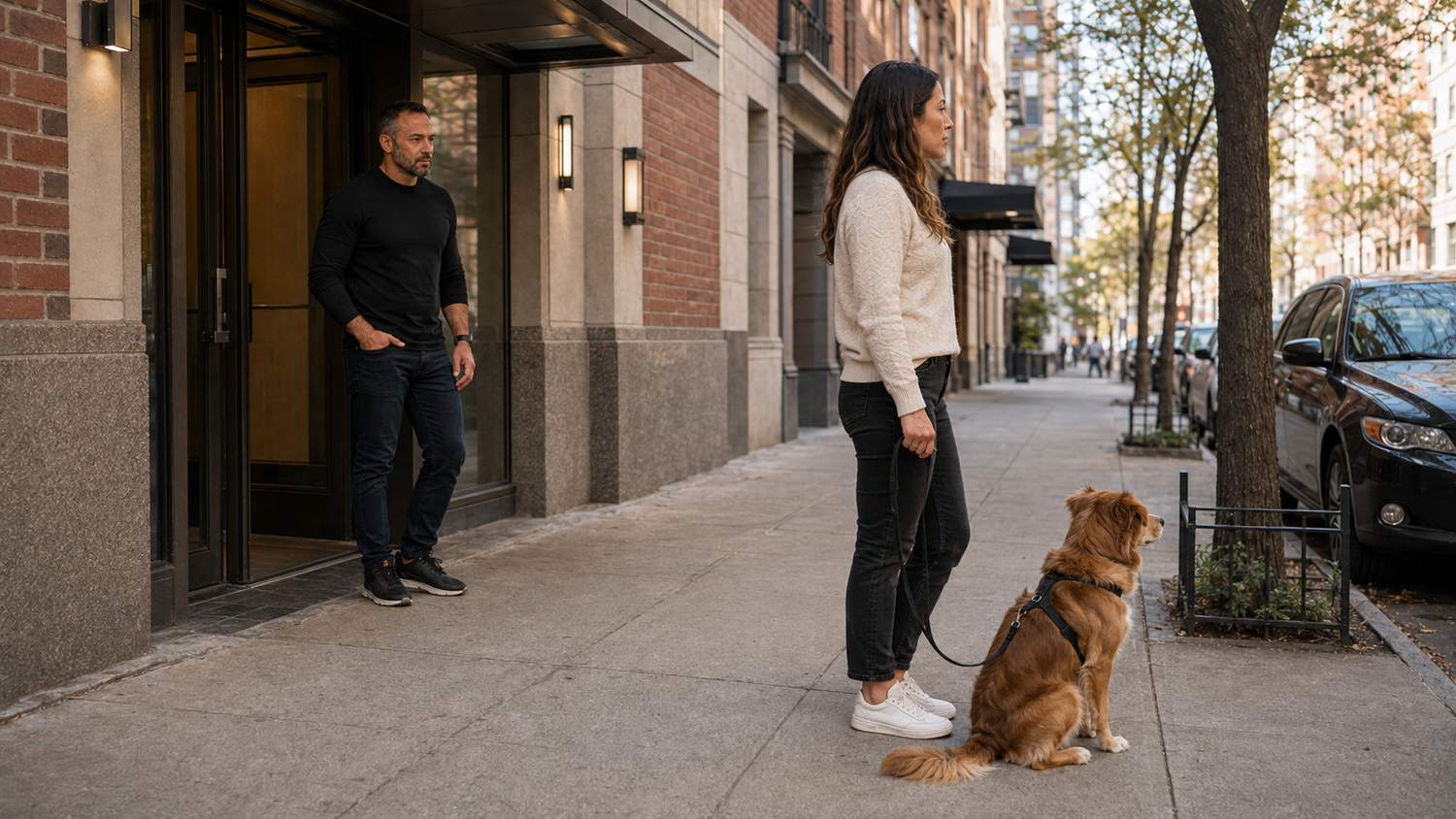 A dog holding a calm sit-stay on the sidewalk outside a NYC apartment building as its trainer arrives for a private in-home session