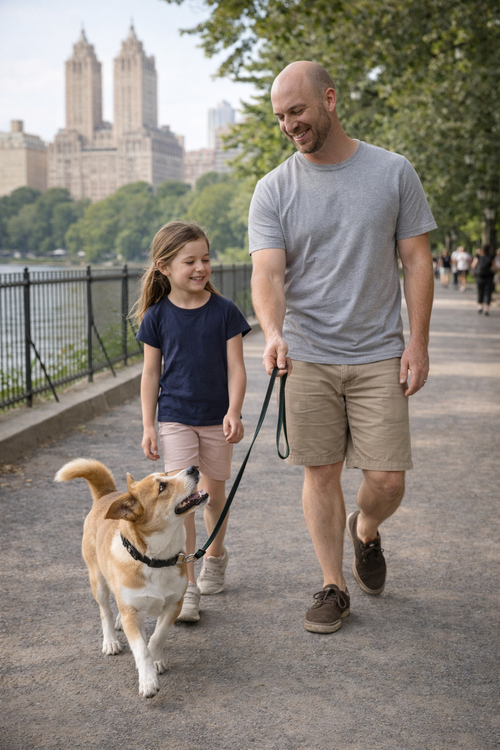 Father and daughter walking their dog on a calm loose leash through Central Park after private dog training in NYC