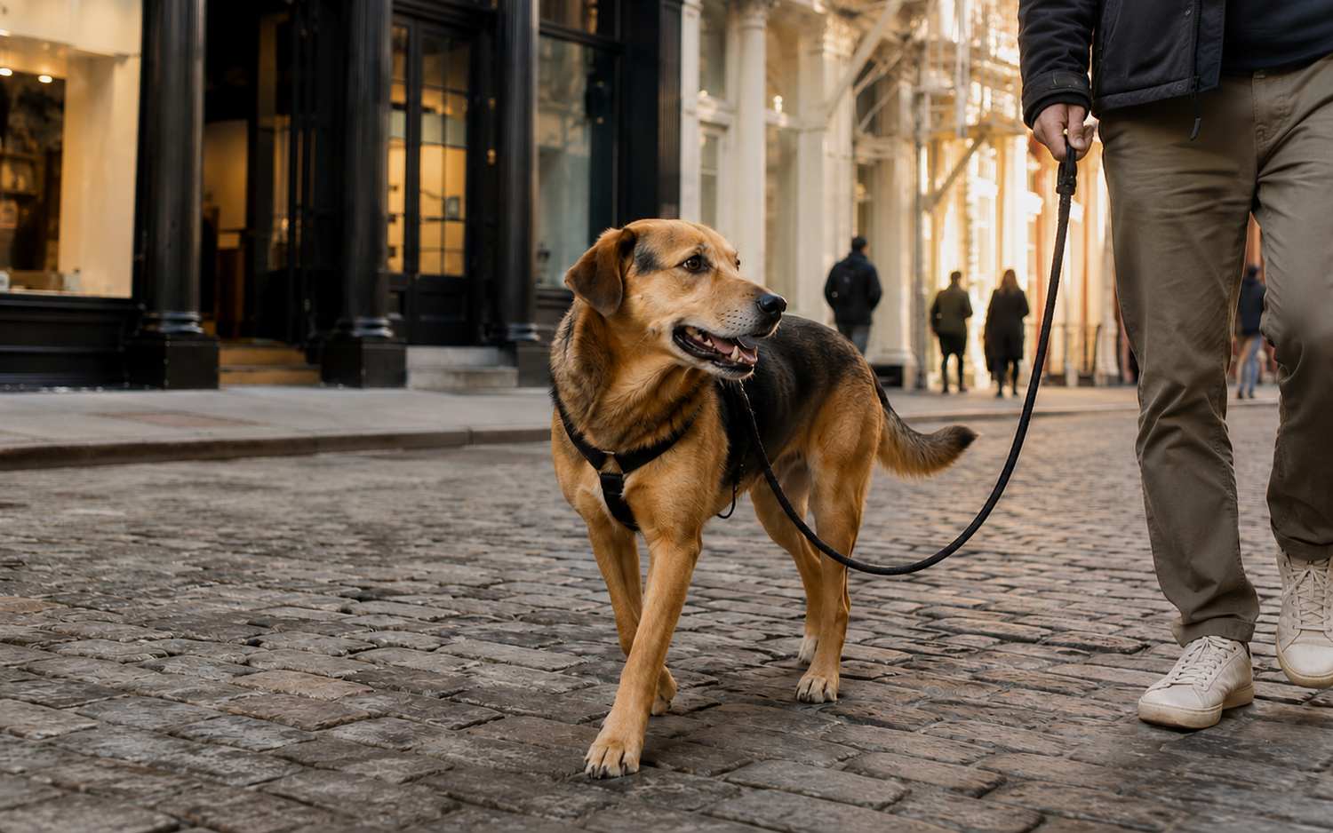 A dog training on a loose leash on a cobblestone SoHo street past upscale boutiques in Manhattan