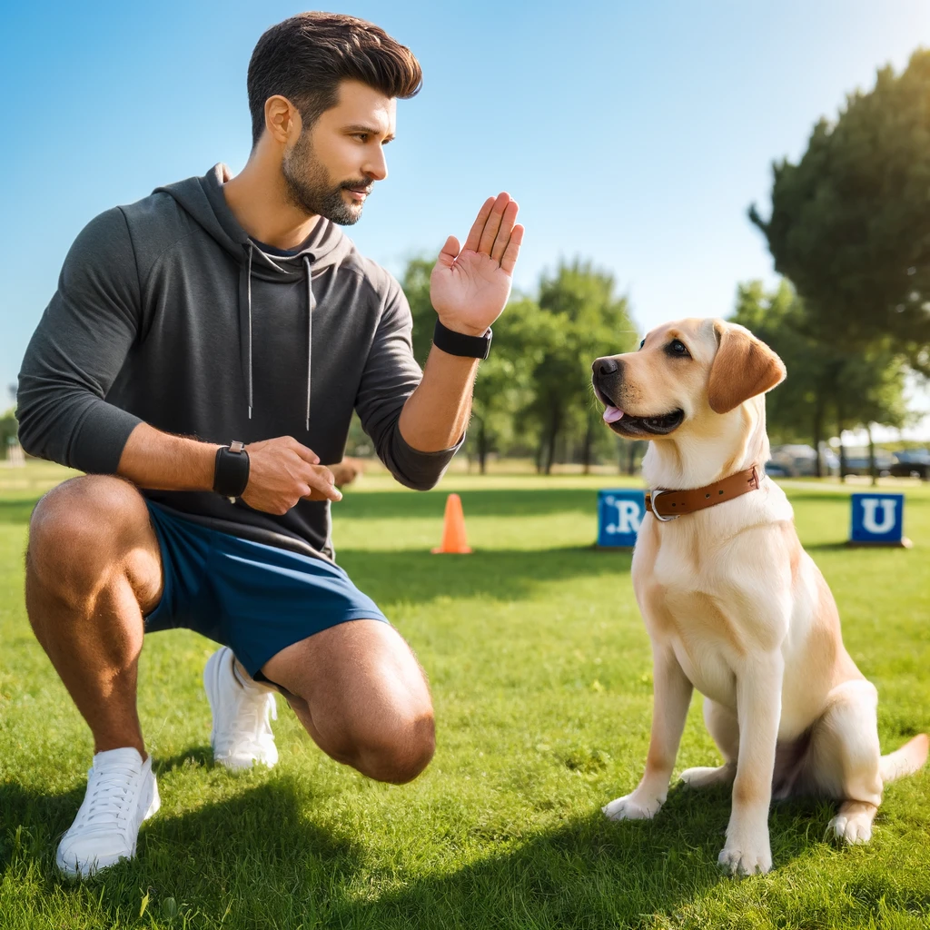 Trainer cueing a sit-stay with a dog in a park; obedience foundation for agility.