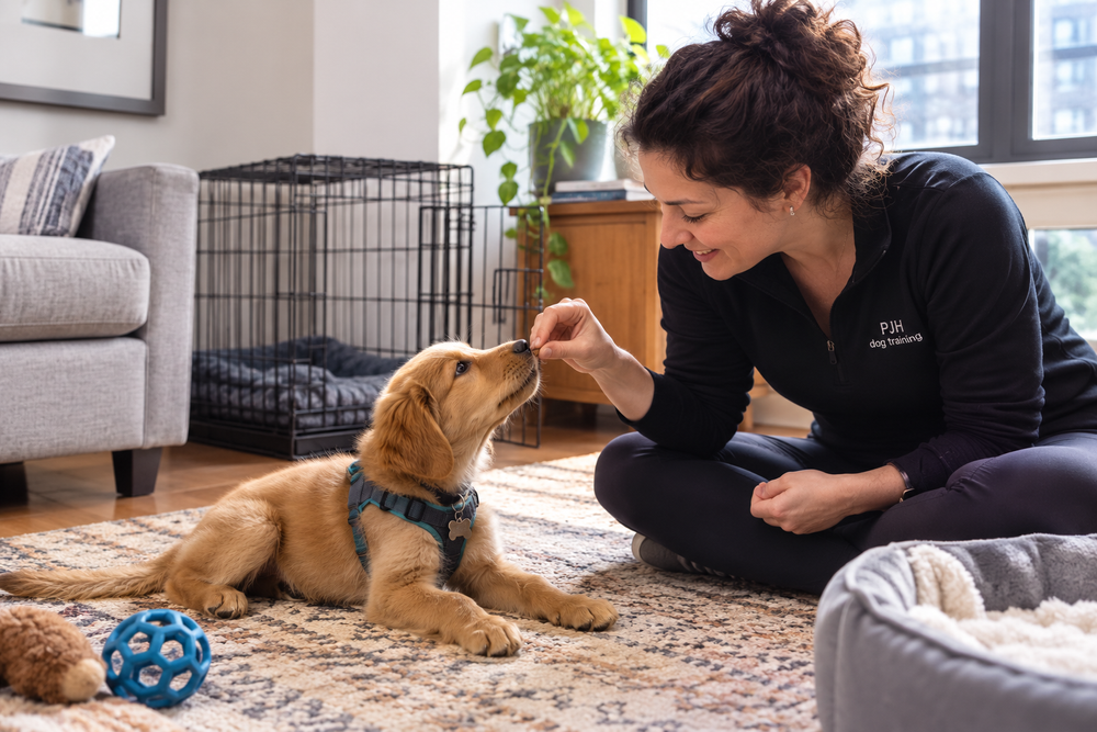 In-home puppy training in a NYC apartment — a golden retriever puppy taking a treat from a PJH trainer
