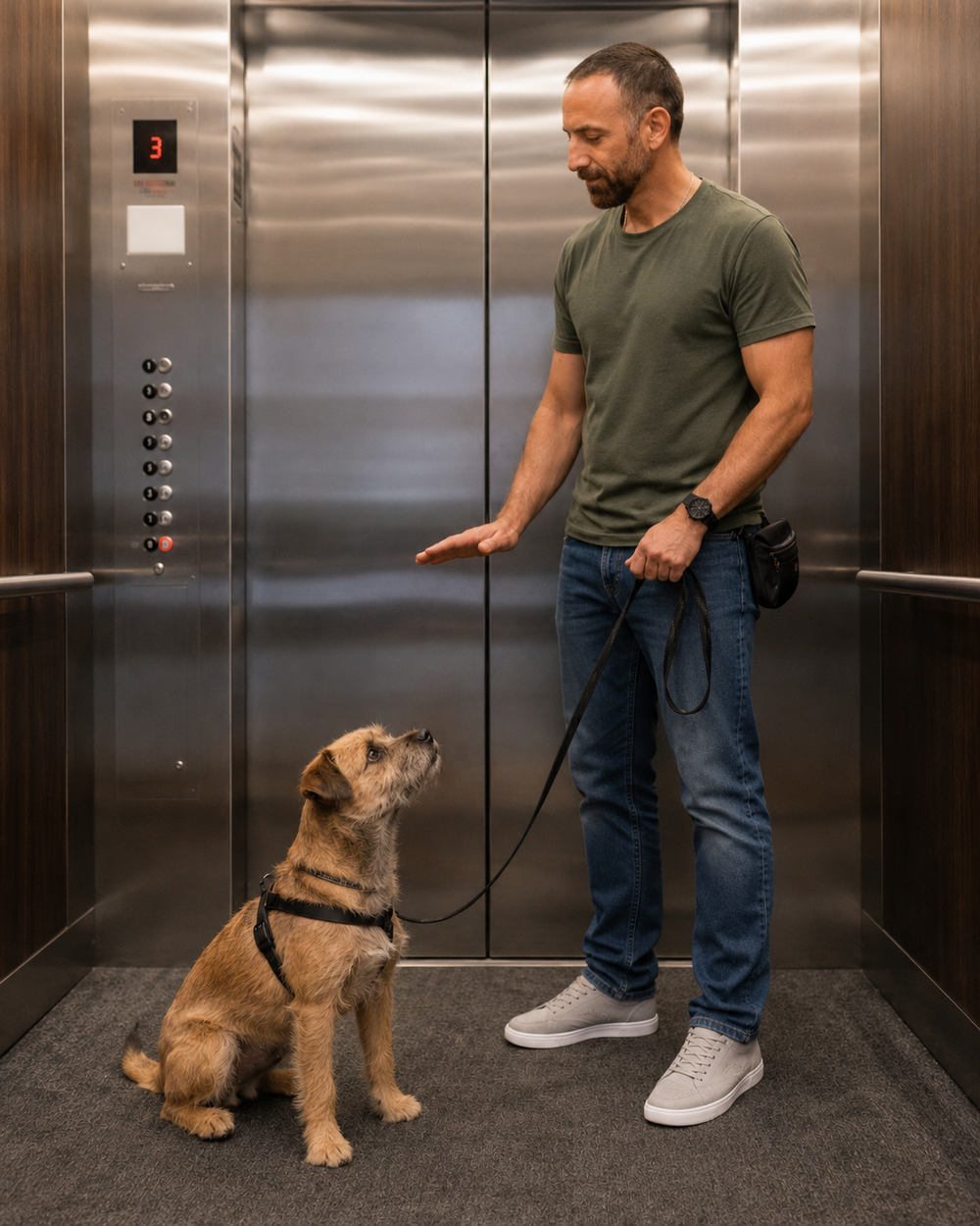 PJH Dog Training working with a client dog inside an Upper West Side apartment building elevator