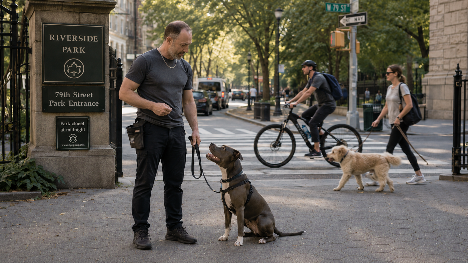 Reactive dog training session at Riverside Park on the Upper West Side — PJH Dog Training working handler mechanics during real morning trigger traffic
