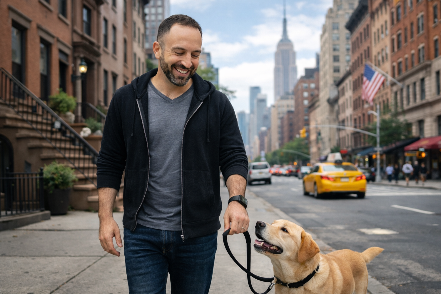 Dog trainer walking calmly with a dog on a New York City sidewalk
