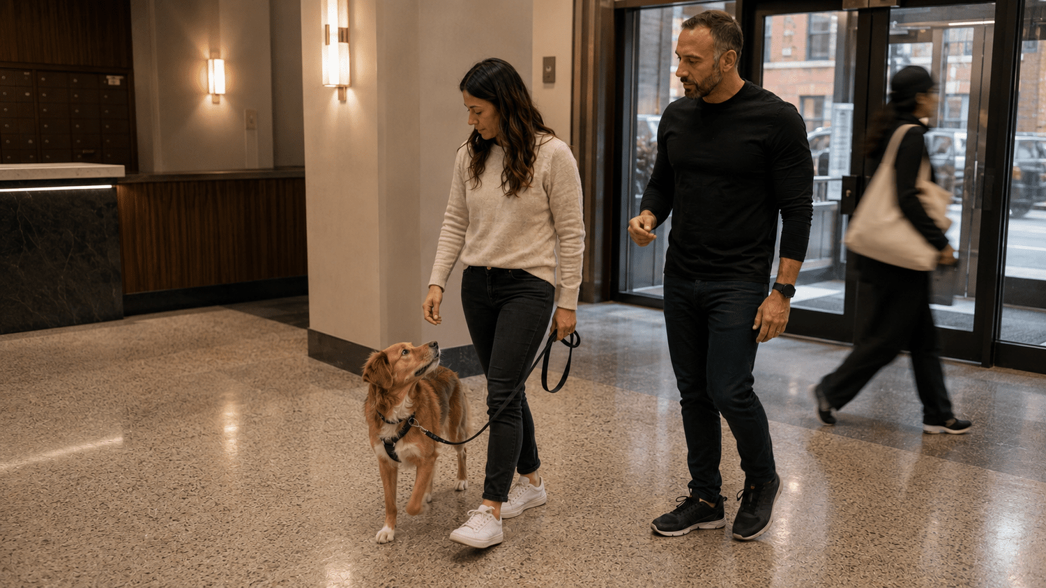 A dog practicing loose-leash walking through an apartment building lobby with its owner and trainer in a private in-home training session in NYC