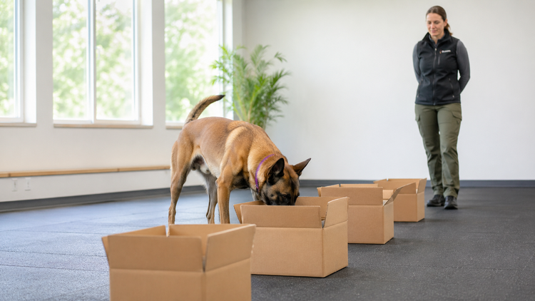 Dog doing scent work and searching for a hidden target