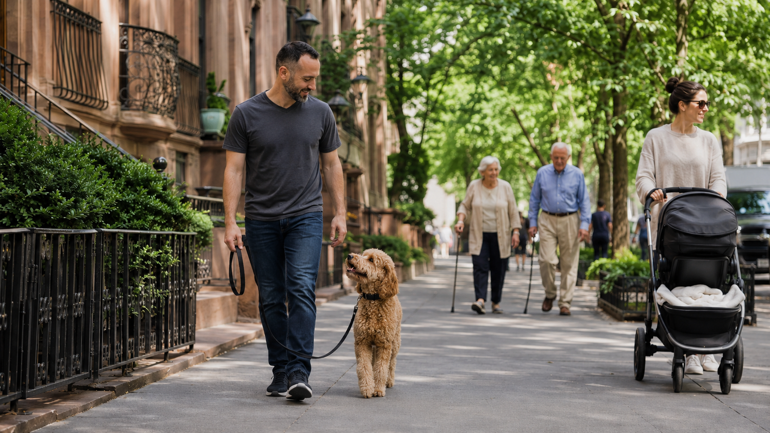 PJH Dog Training working with a dog on leash near an Upper East Side apartment building in NYC