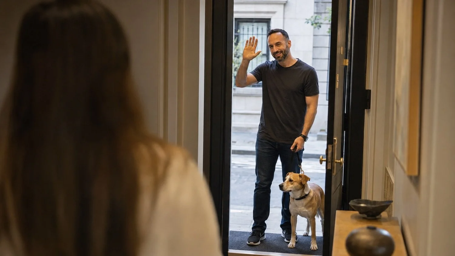 Professional dog trainer returning a client's dog after an in-home concierge training session in NYC