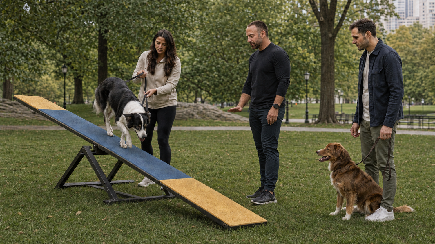 Pepe Hernandez coaching a dog through agility equipment in an NYC park during a candid semi-private training session