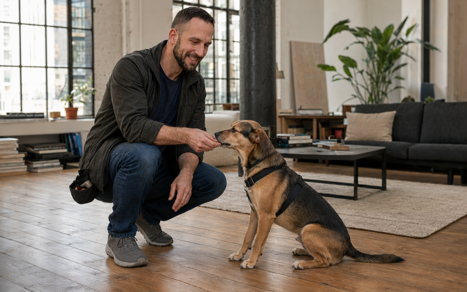 Pepe Hernandez training a dog inside a bright, high-end SoHo loft in Manhattan