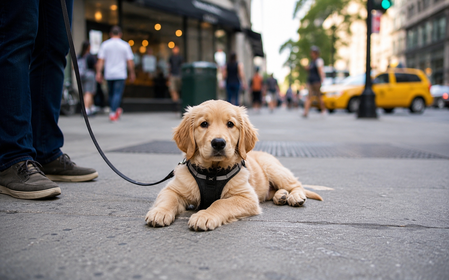 Calm puppy holding a relaxed stay on a New York City sidewalk during obedience training