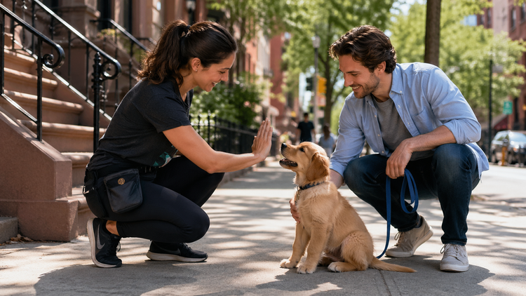 Puppy training session on an NYC sidewalk