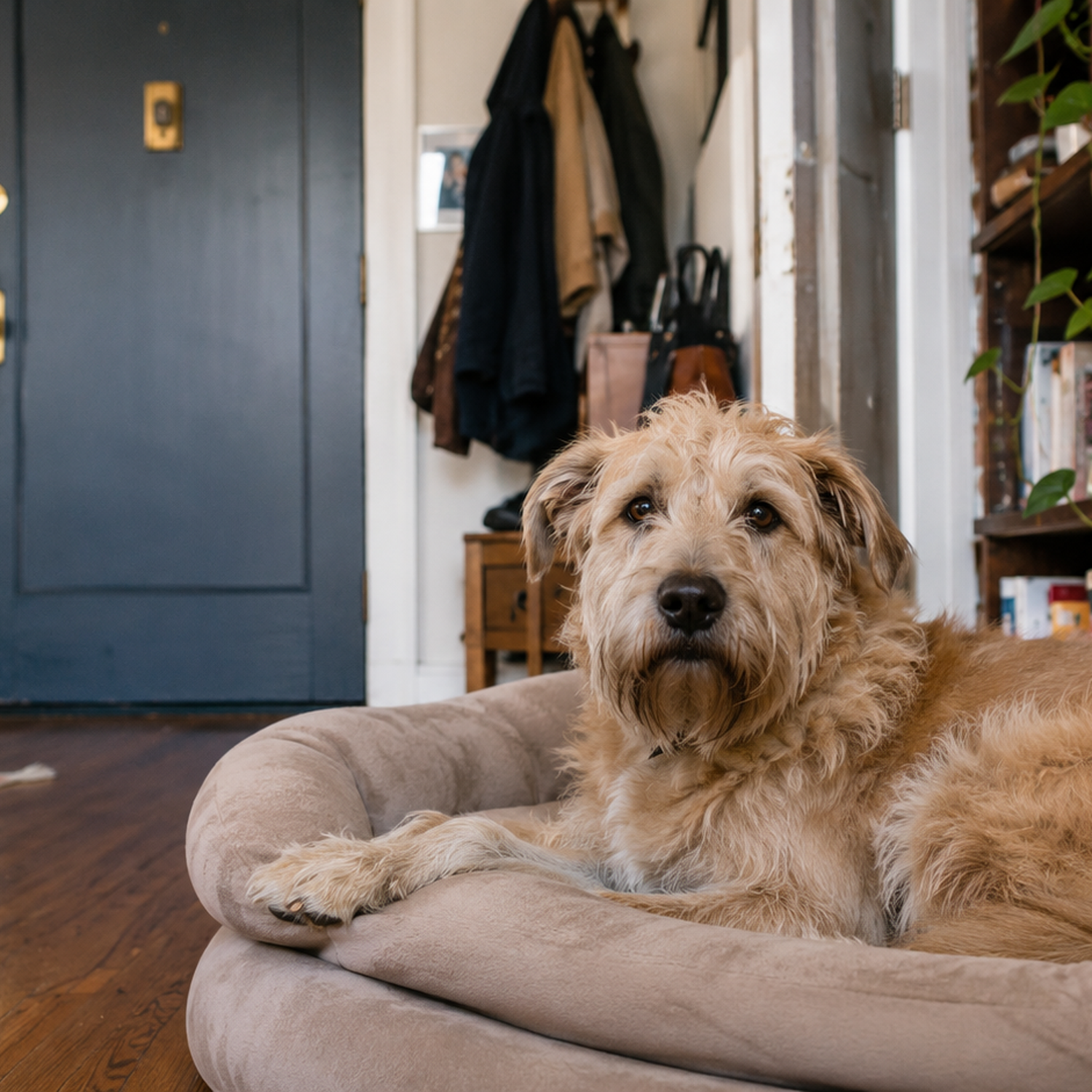A calm dog resting on its cozy bed near the apartment door during separation anxiety training in a NYC apartment