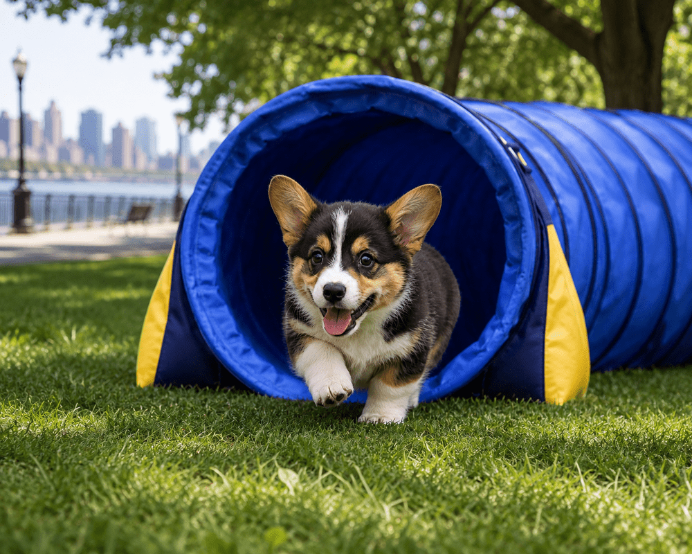 A young puppy confidently running through an agility tunnel in an NYC park