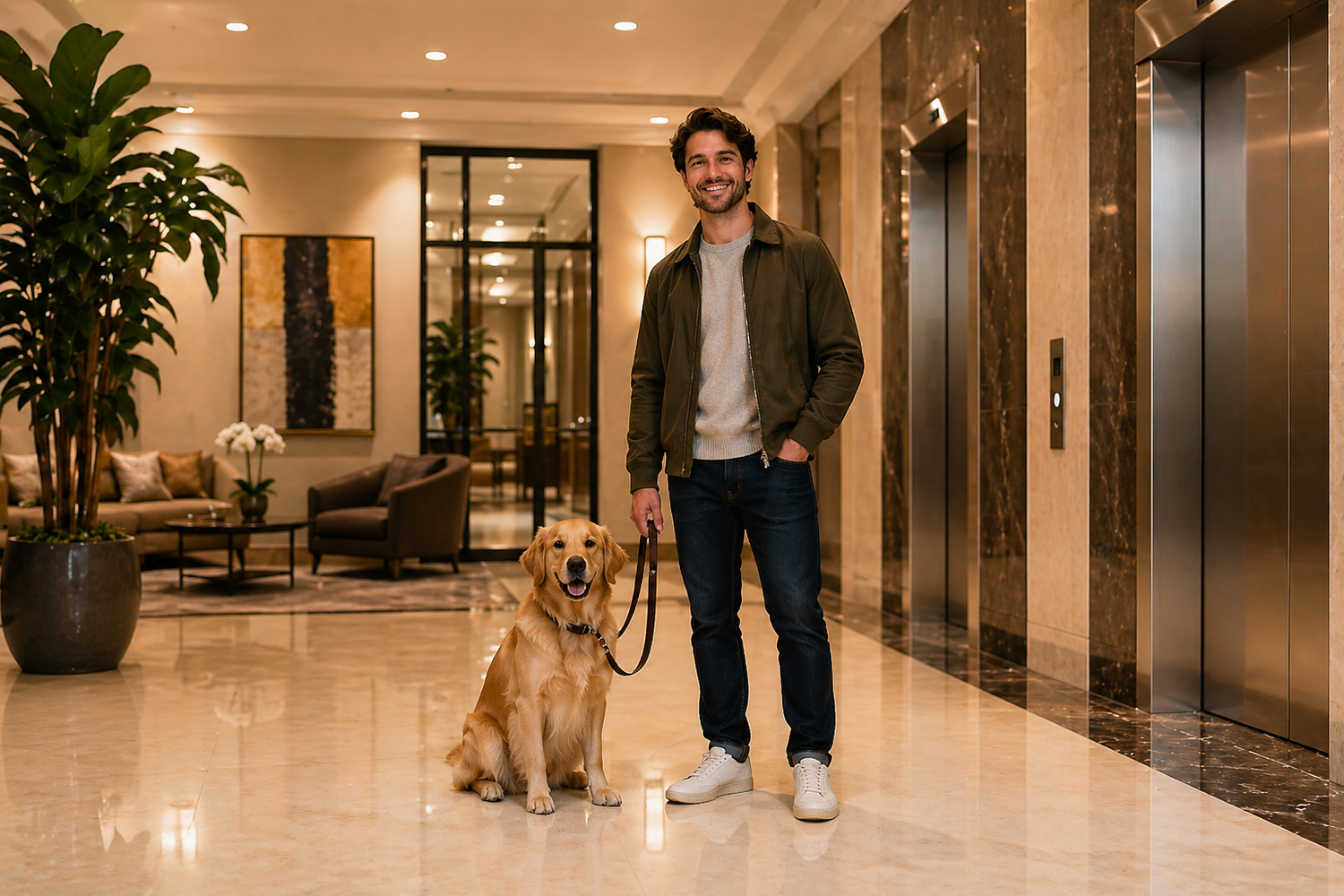 NYC dog owner and dog standing calmly together in an apartment building lobby