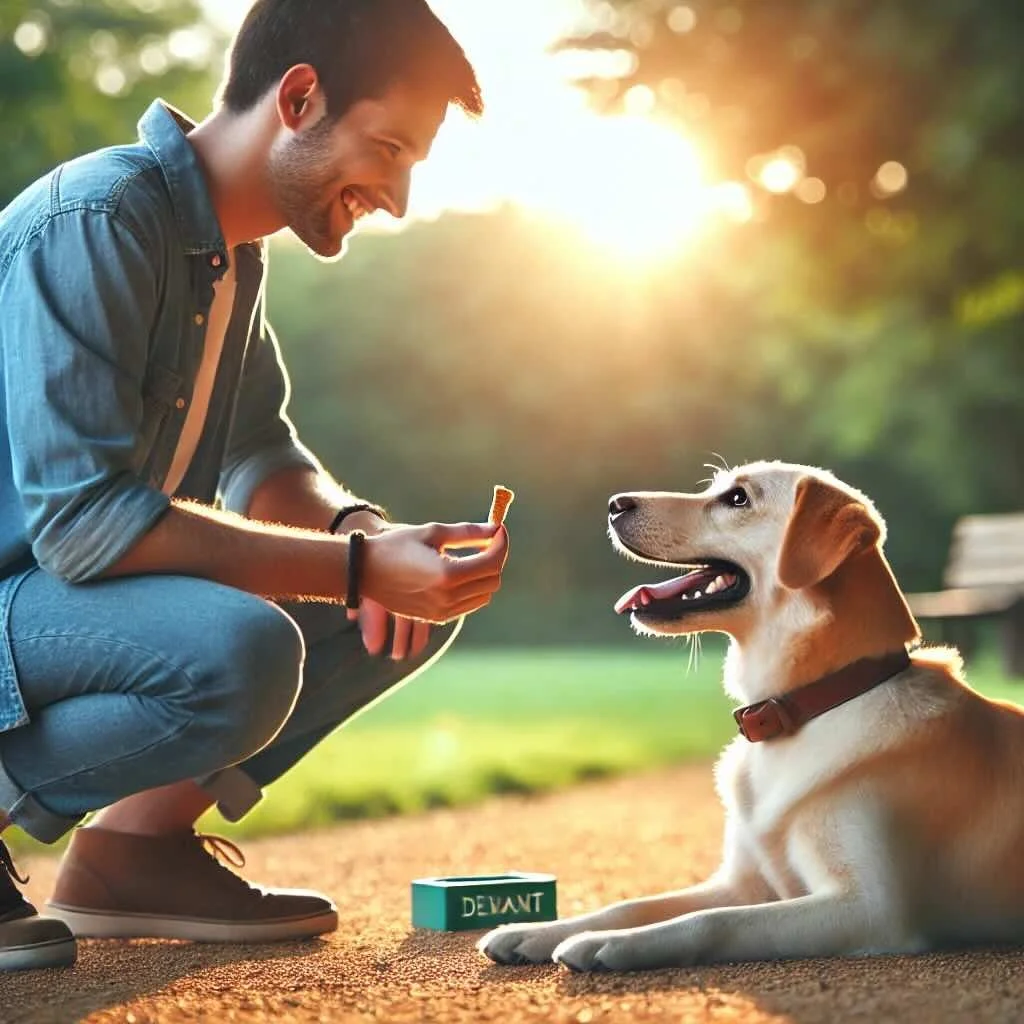 Handler rewarding a dog for calm focus; capturing desirable behaviors to build trust and initiative.