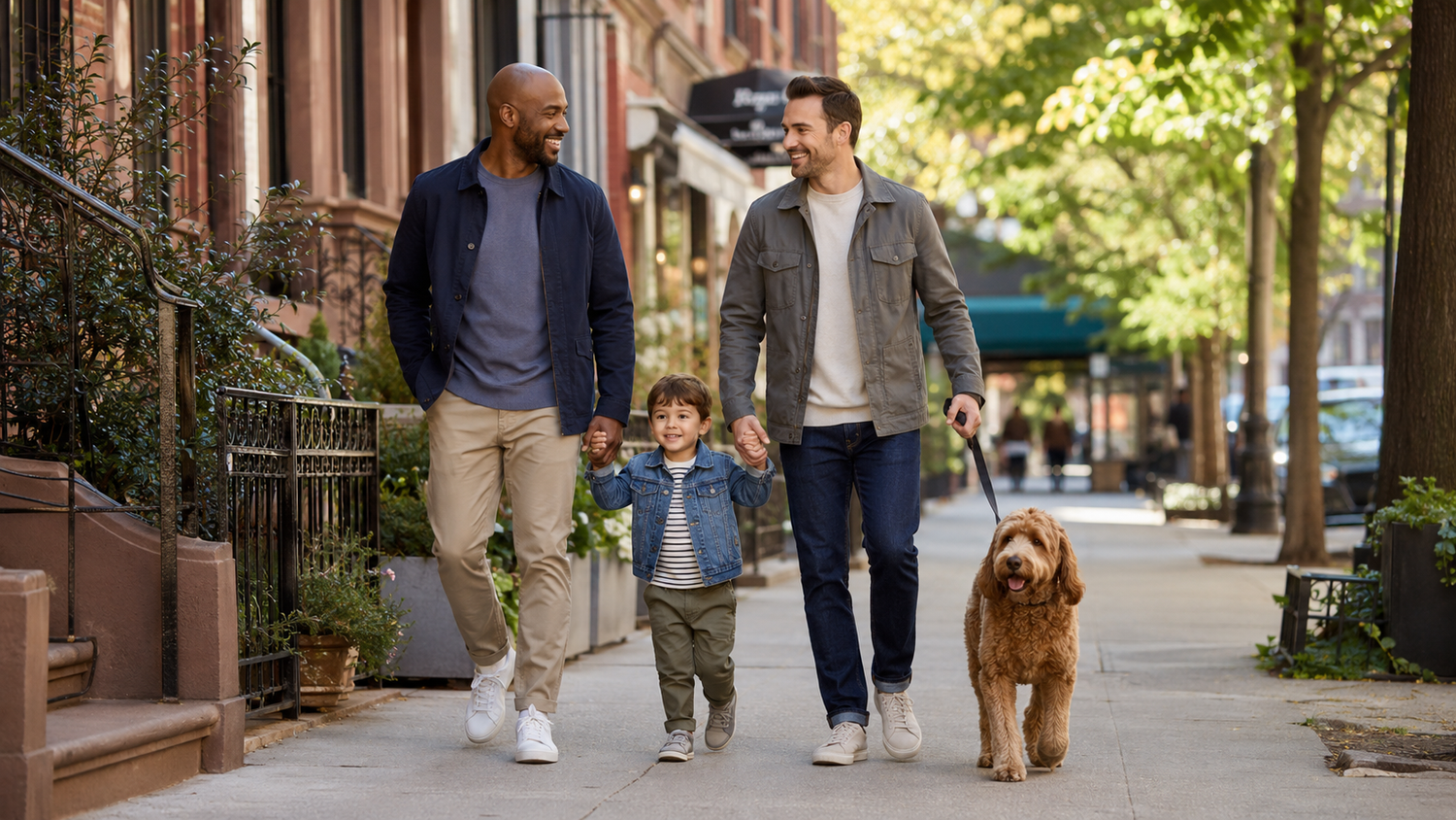 A family strolling with their dog on a Chelsea sidewalk in NYC