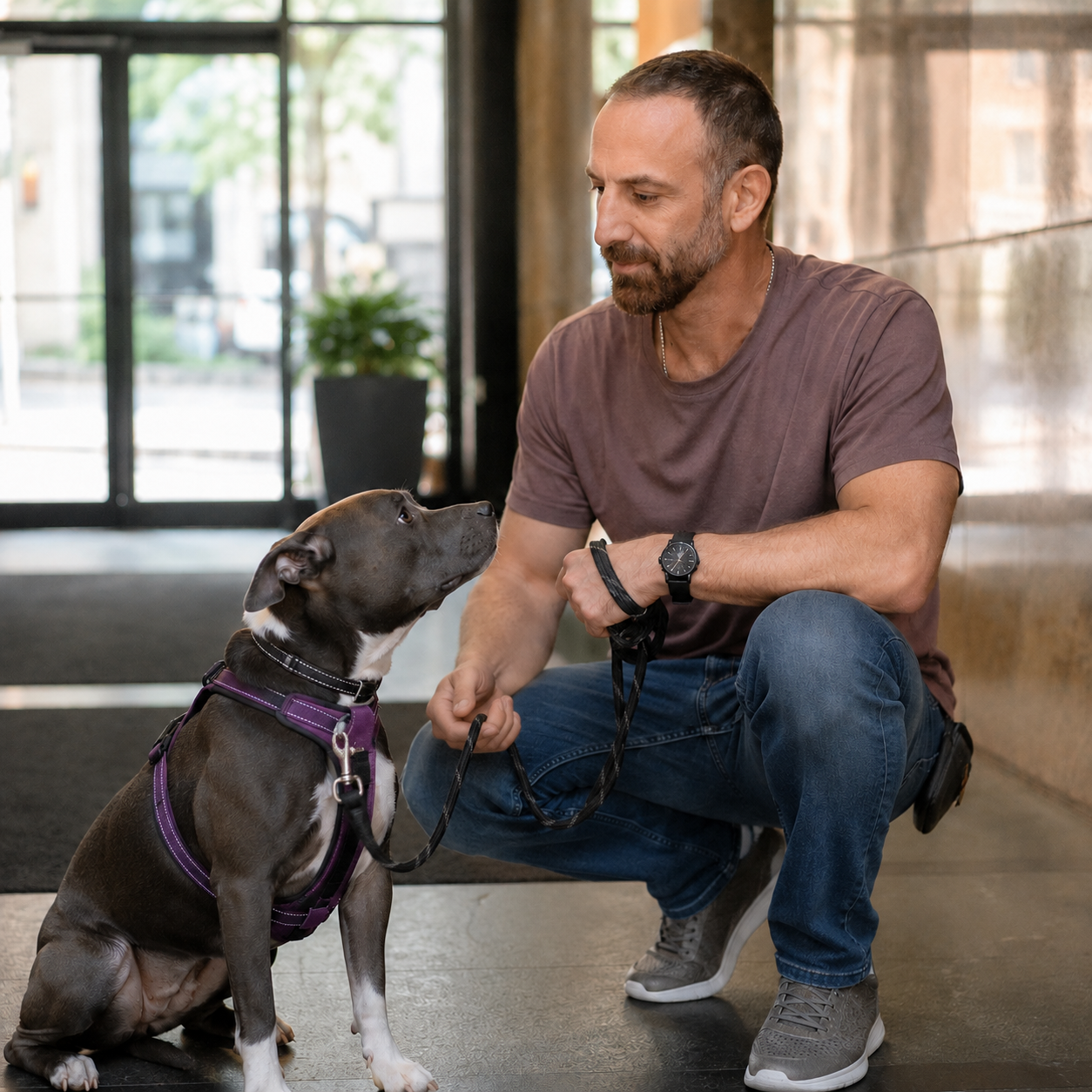 Pepe Hernandez, CPDT-KA dog behavior trainer, calmly working with a dog in an NYC apartment lobby