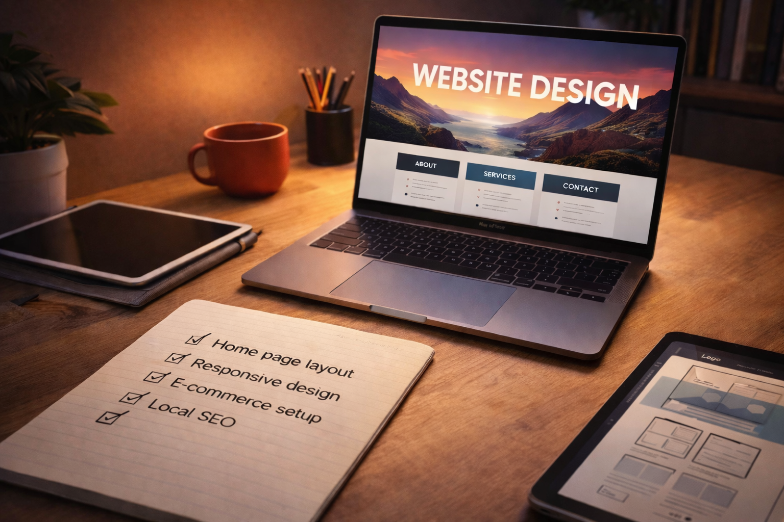open laptop, tablet, on desk with papers. written out list for website design