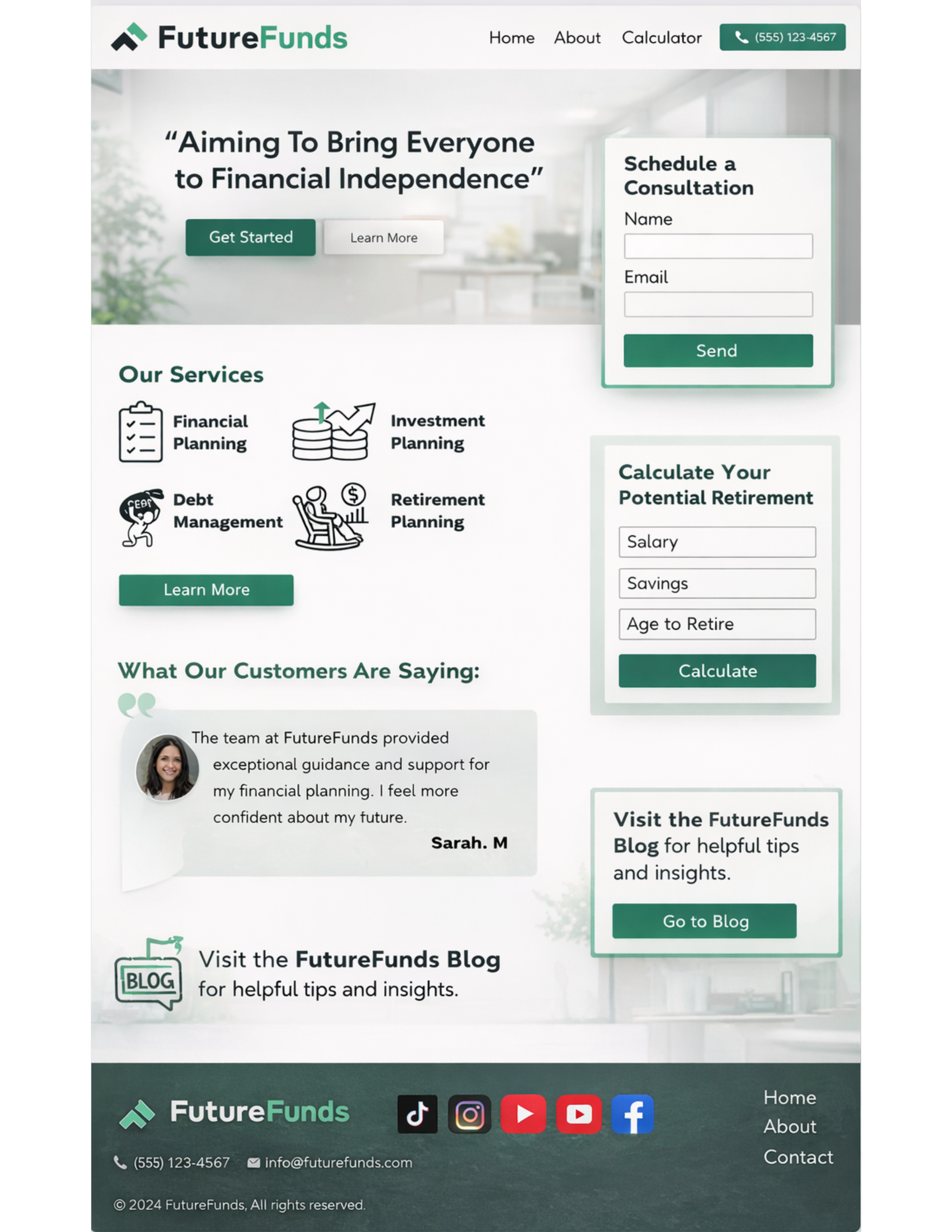 website mockup featuring green lettering