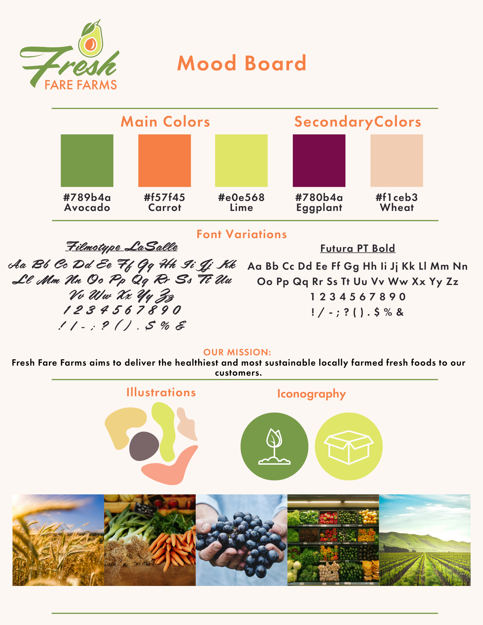 Mood board featuring multiple colors, fonts, images