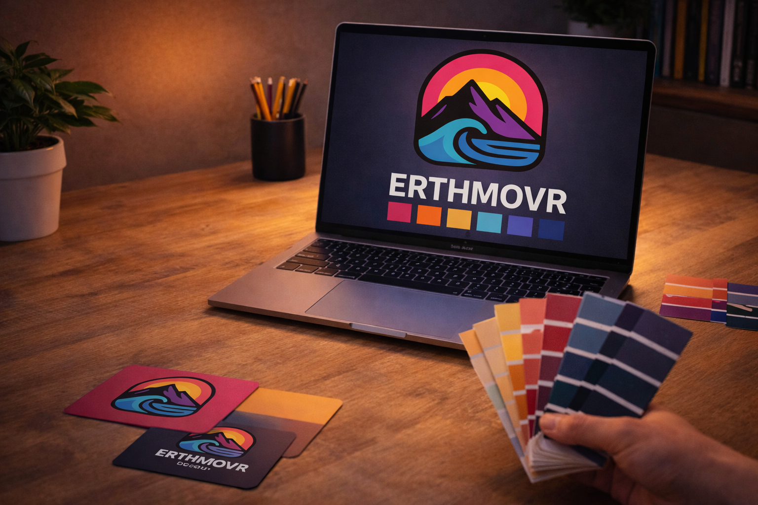 open laptop on desk, hand holding color swaths, Erthmovr Design logo