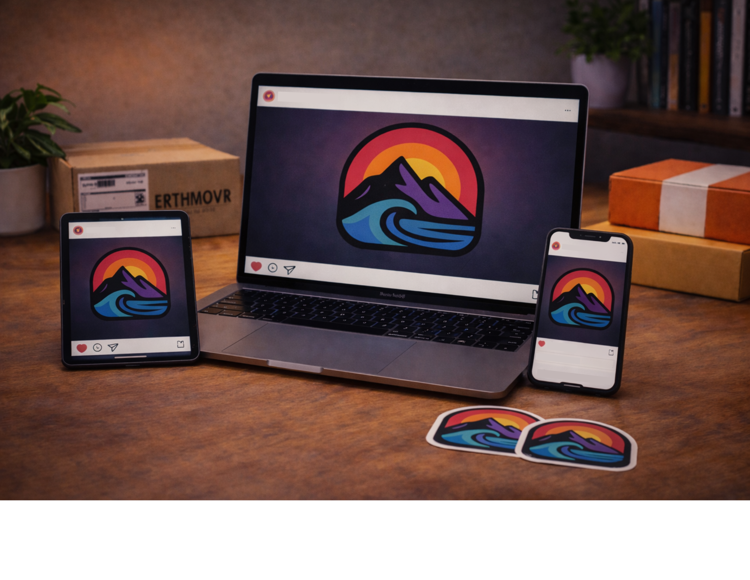 open laptop, tablet, phone, displaying Erthmovr Design logo.