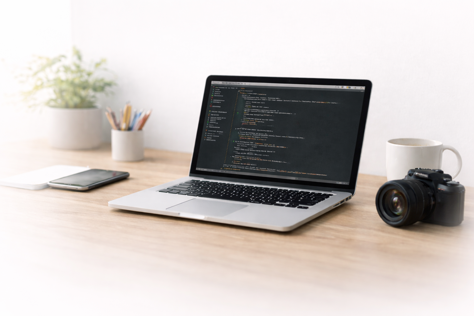 laptop, camera,  and cell phone on creatives desk