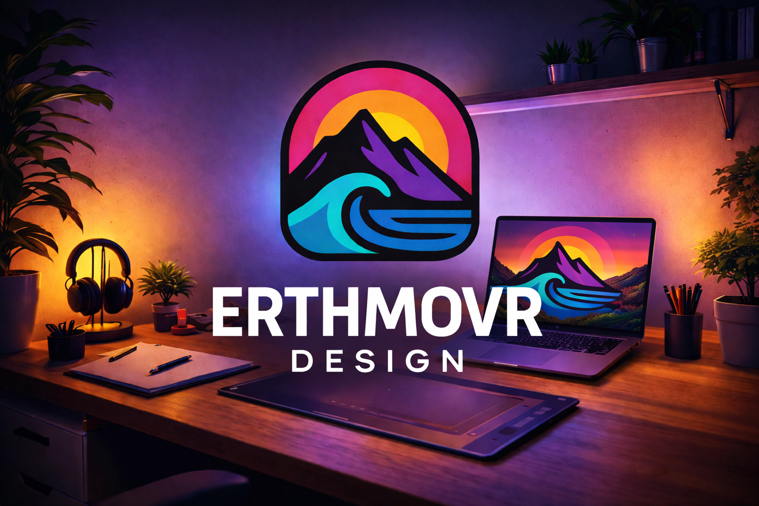 Erthmovr Design logo, colorful desk with headphones