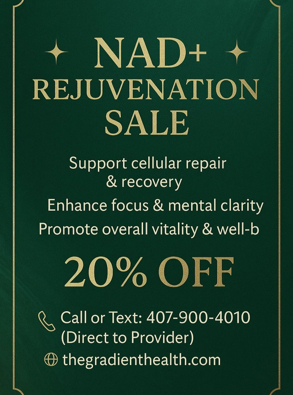 Time to get rid of that Brain Fog! Call/Text a provider at 407-900-4010 for more info. Virtual visits available and NAD+ shipped to your home. www.TheGradient Health.com