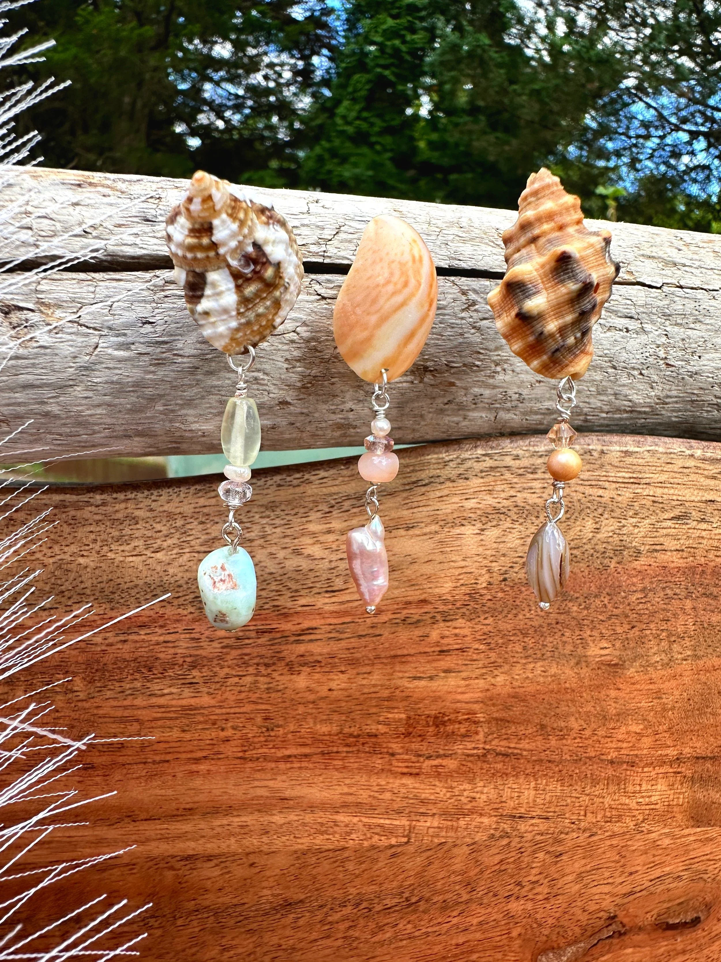 Shell earrings with freshwater pearls, sterling silver, larimar, turban shell, snail shell, conch