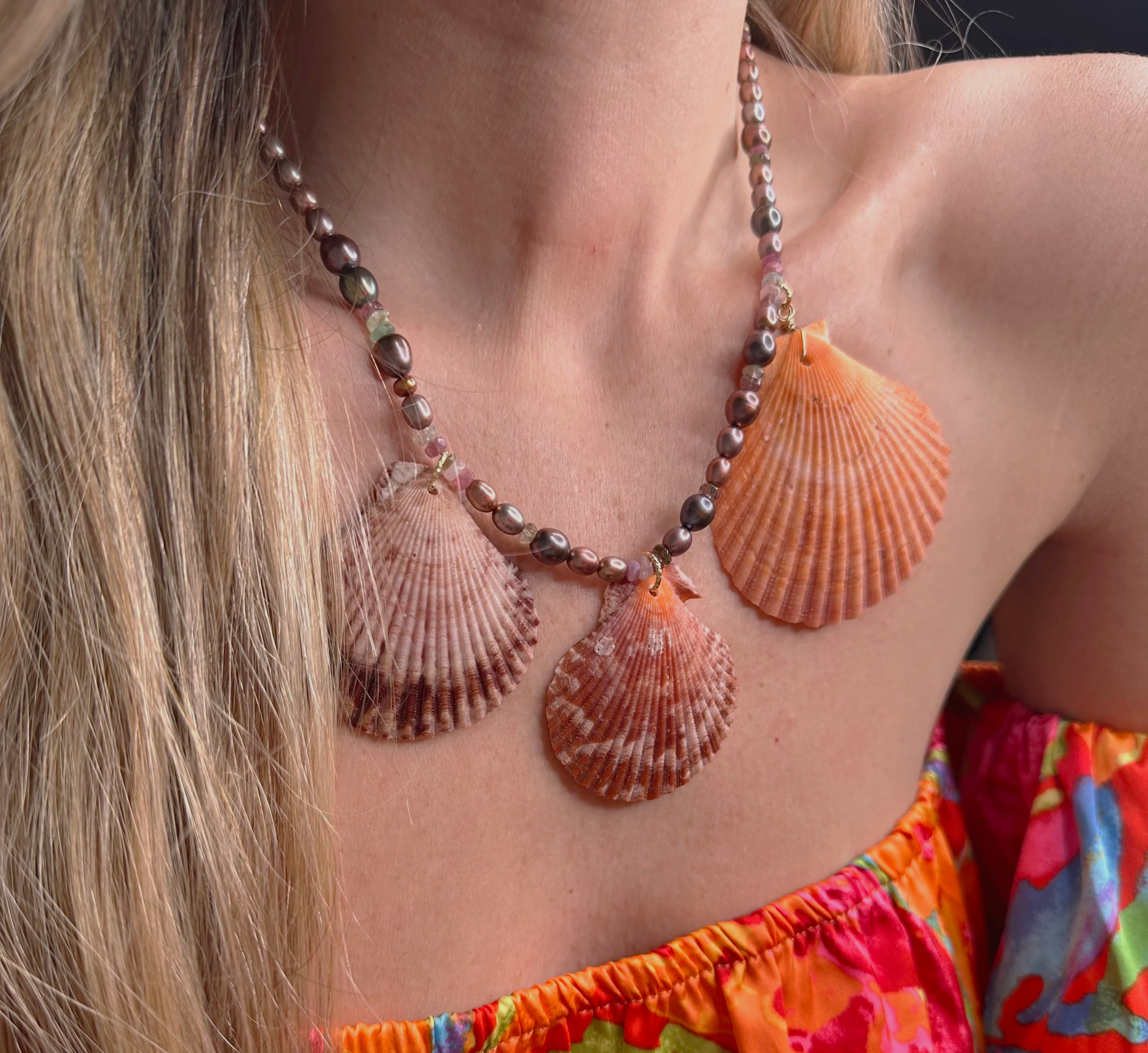 Large scallop shell pendant necklace with pearls and tourmaline.