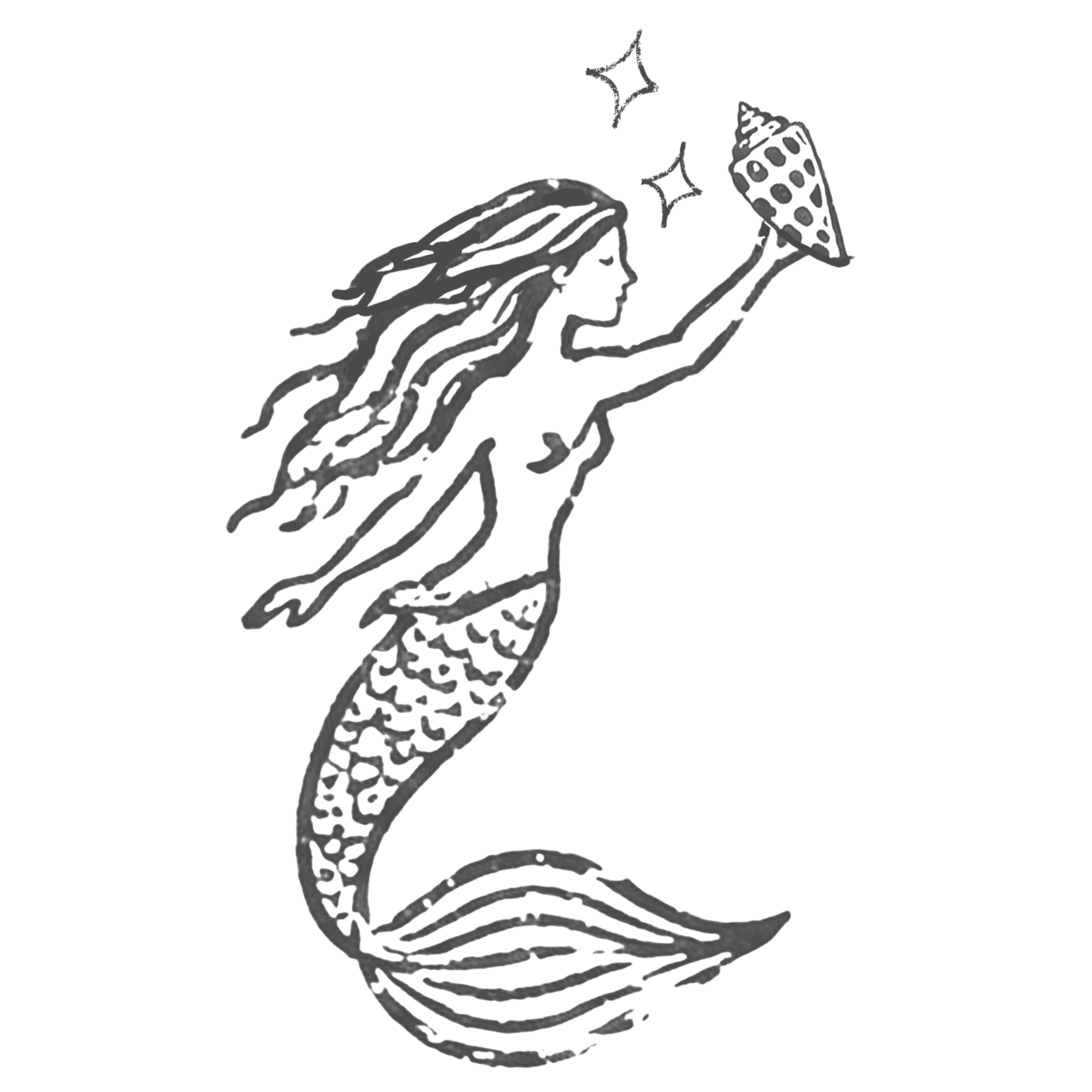 Black and white abstract illustration of mermaid and cone sea shell