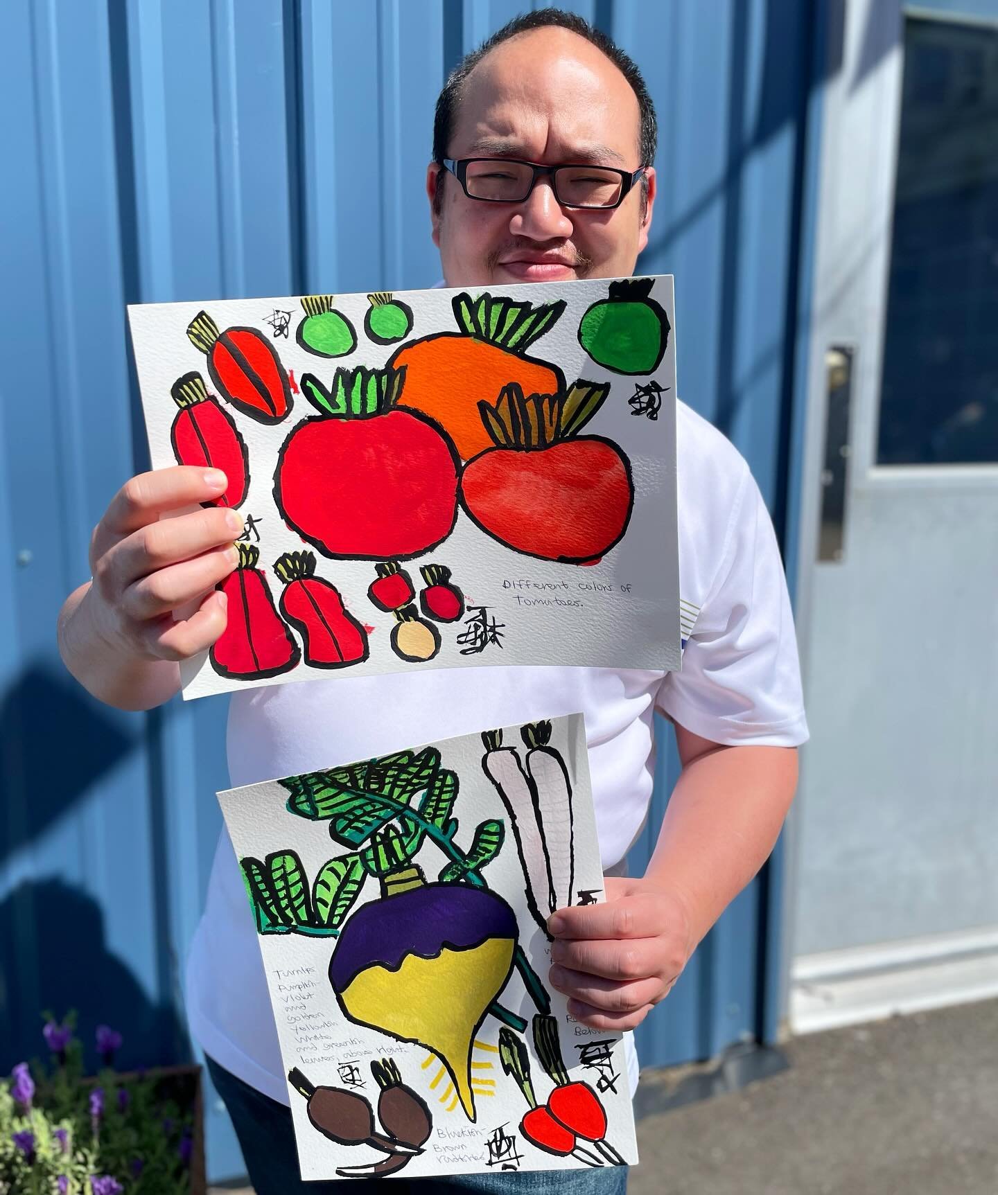 Spring produce by Dan Tran 🌈 At every season change, we look forward to Dan&rsquo;s drawings of seasonal vegetables, fruits and meals along with his recommendations for favorite recipes. 
.
.
.
Image description: Dan stands in front of North Pole St