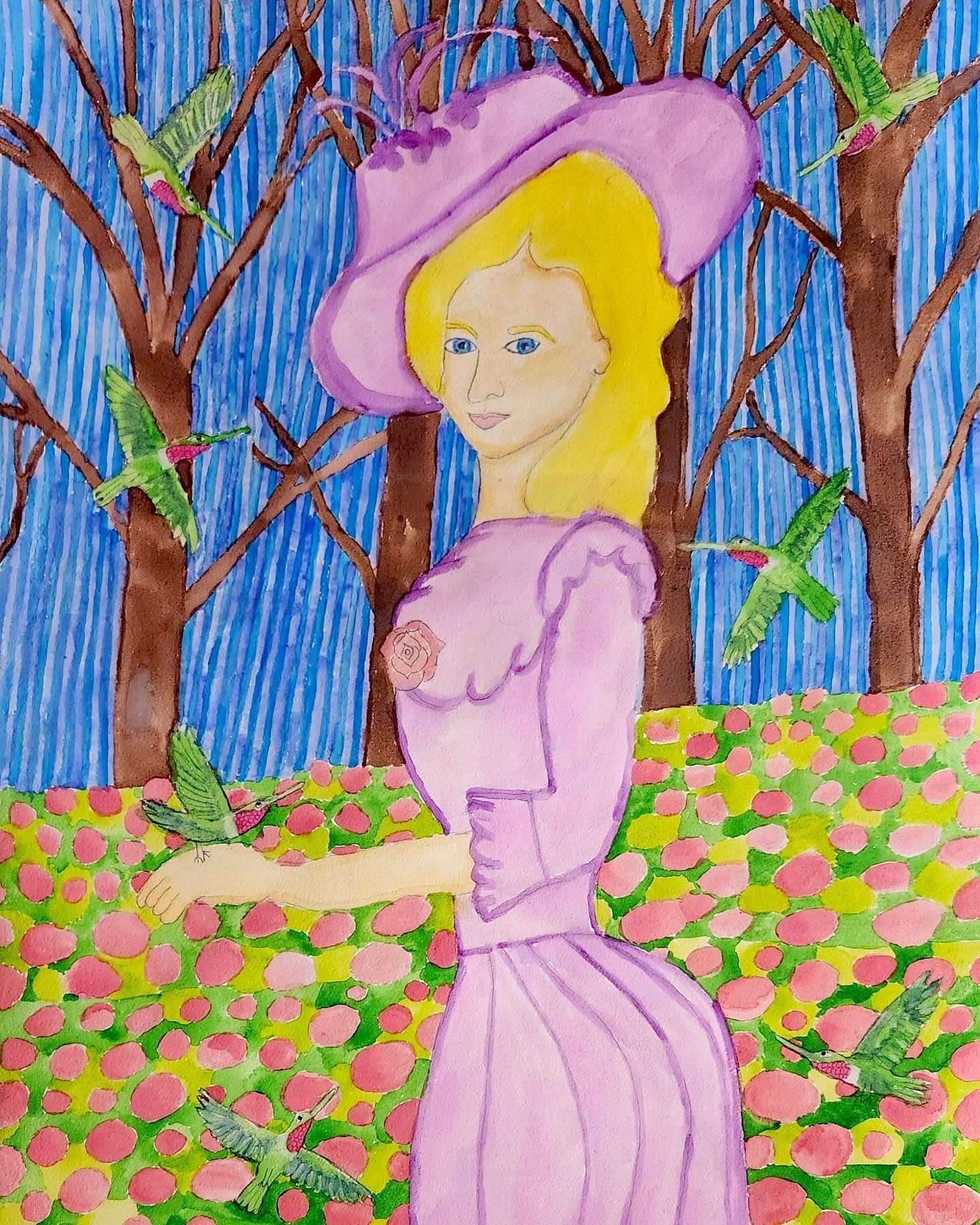 Spend a moment soaking in the patterns that make up studio artist, Jennifer Dahlquist&rsquo;s mysterious &ldquo;Hummingbird Lady&rdquo; &rsquo;s world.
.
.
.
Image description: a painting of a blonde woman wearing a lilac-colored dress and sunhat, su