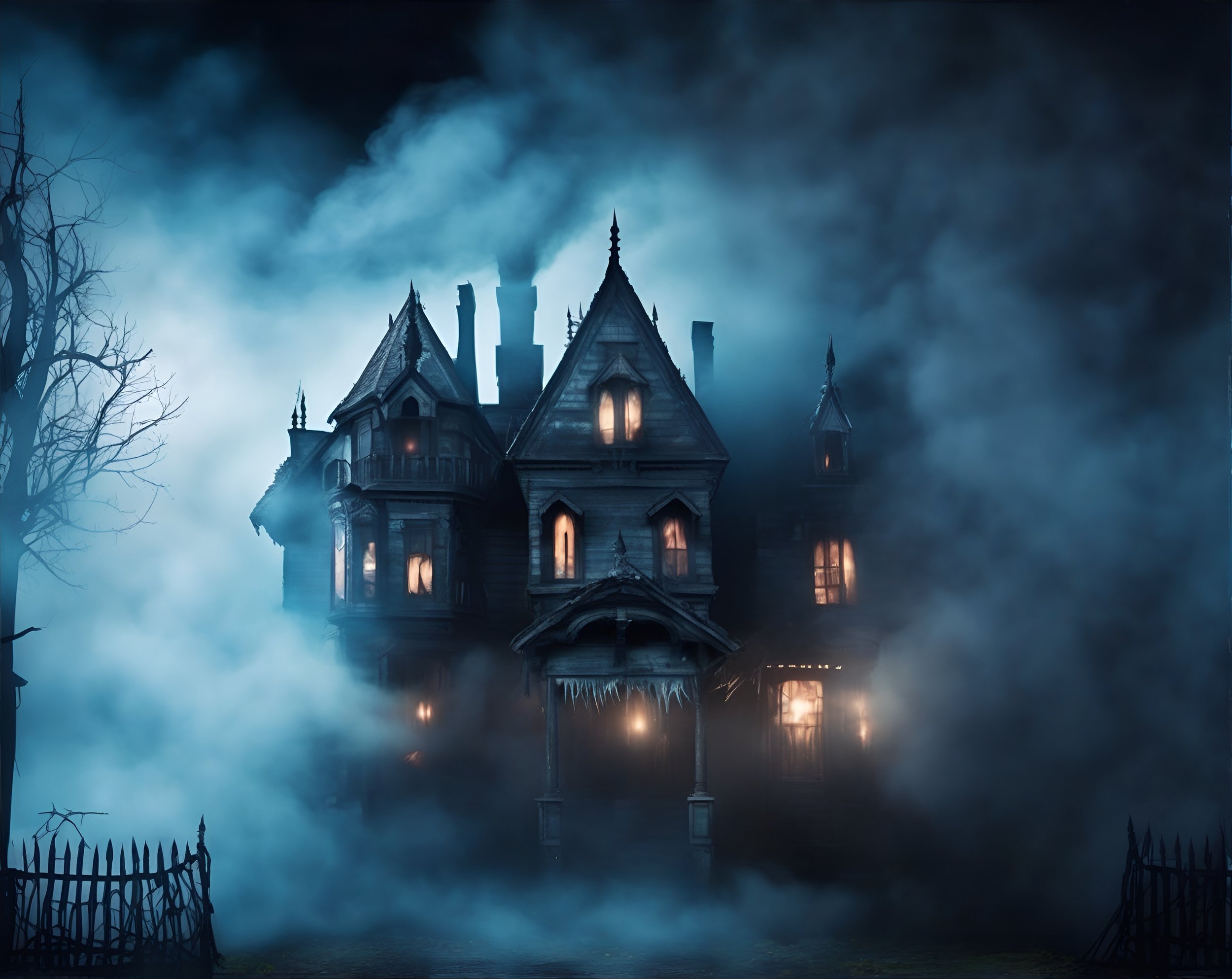 A spooky haunted house surrounded by fog, with dark, cloudy sky and barren trees nearby.